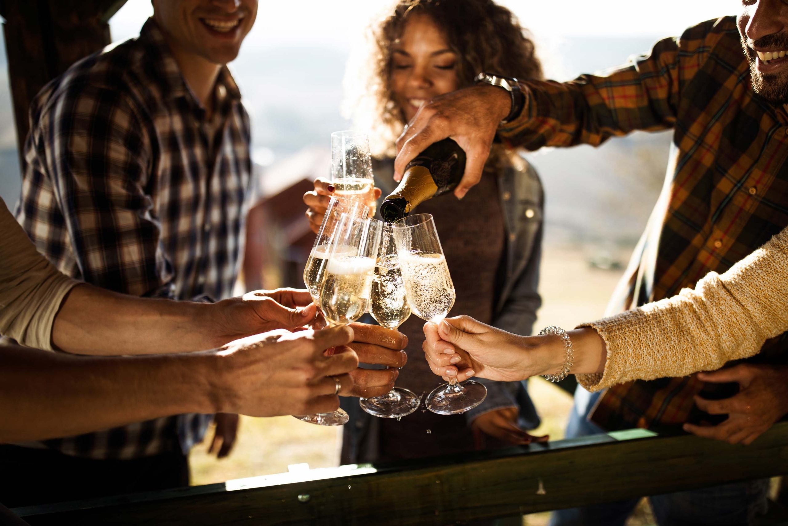 A group of friends enjoying some sparkling wine at a vineyard tour