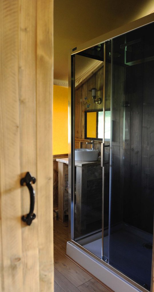 The shower and sink in the bathroom of one of Loose Reins' lodges