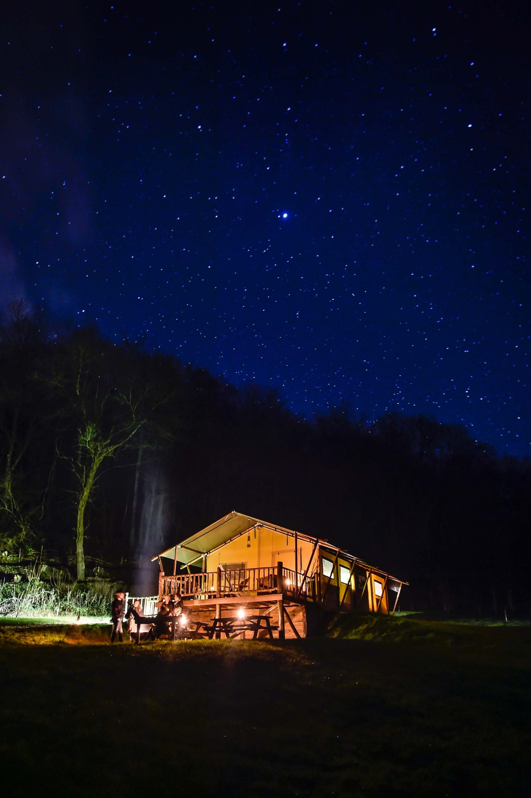 Guests sitting on benches outside their Lodge at Loose Reins and looking up at the night sky