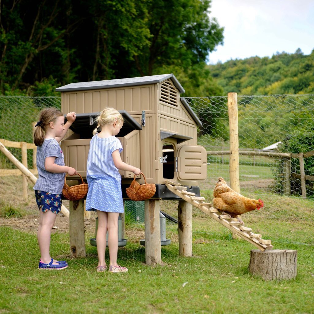 Two girls collecting eggs from the hen house at Loose Reins