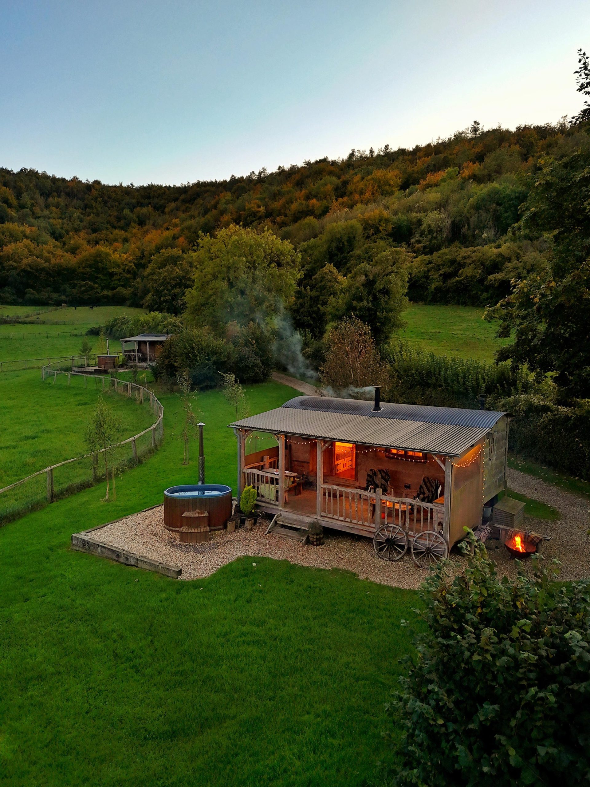 Aerial exterior of Gold Panners Cabin with Dorset Hills in background